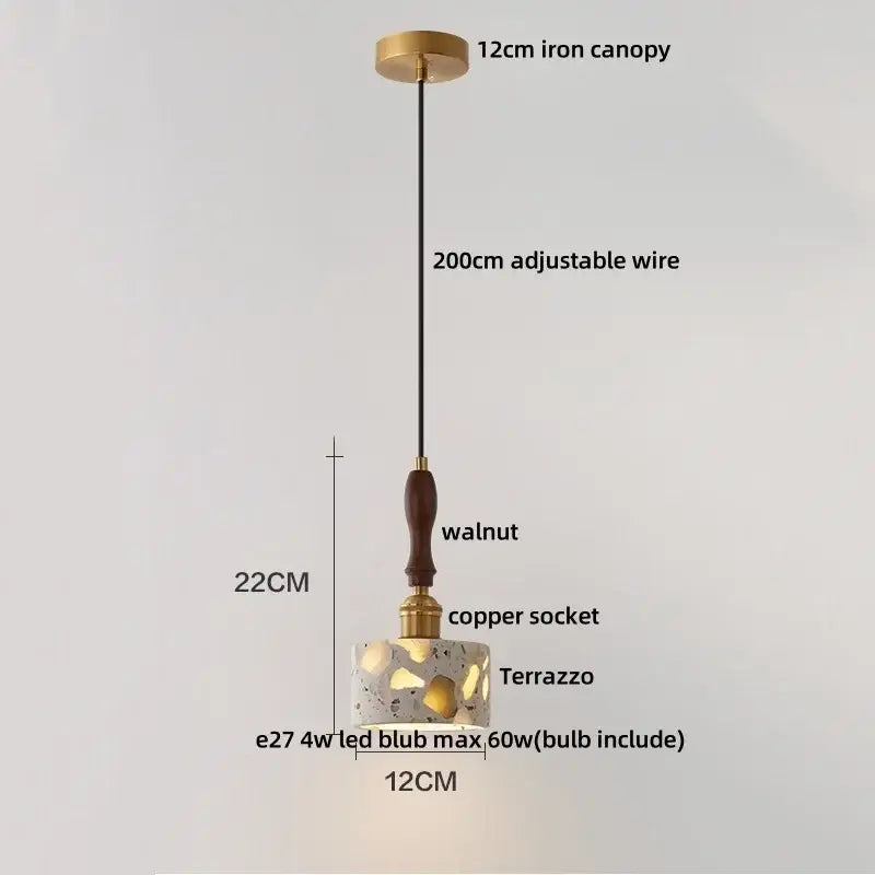 DecorBites™ LED terrazzo pendant lamp with white stone shade, walnut handle, and brass accents for modern lighting