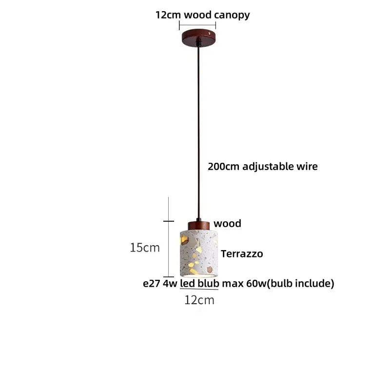 DecorBites led terrazzo pendant lamp with white stone cylindrical shade and wood canopy suspended by adjustable wire
