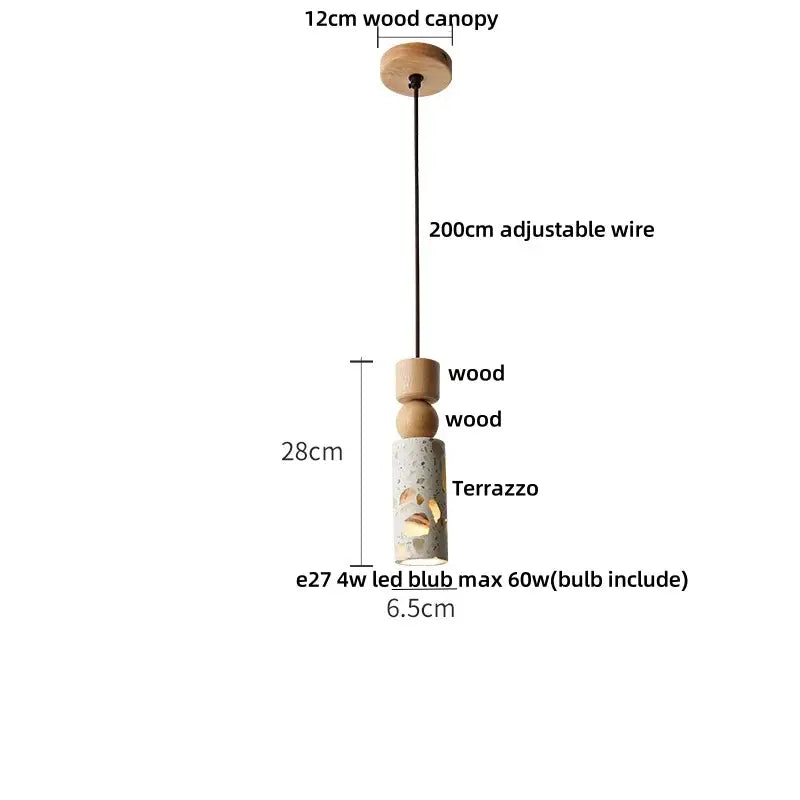 Minimalist decorbites led terrazzo pendant lamp with natural wood canopy, stacked beads, and white stone terrazzo body