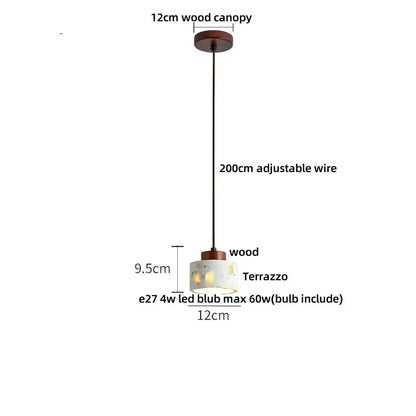 Cylindrical decorbites led terrazzo pendant lamp with white stone and wood canopy suspended by adjustable wire