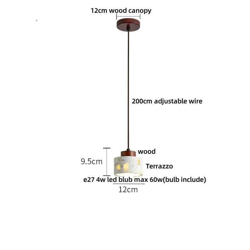 Cylindrical decorbites led terrazzo pendant lamp with white stone and wood canopy suspended by adjustable wire