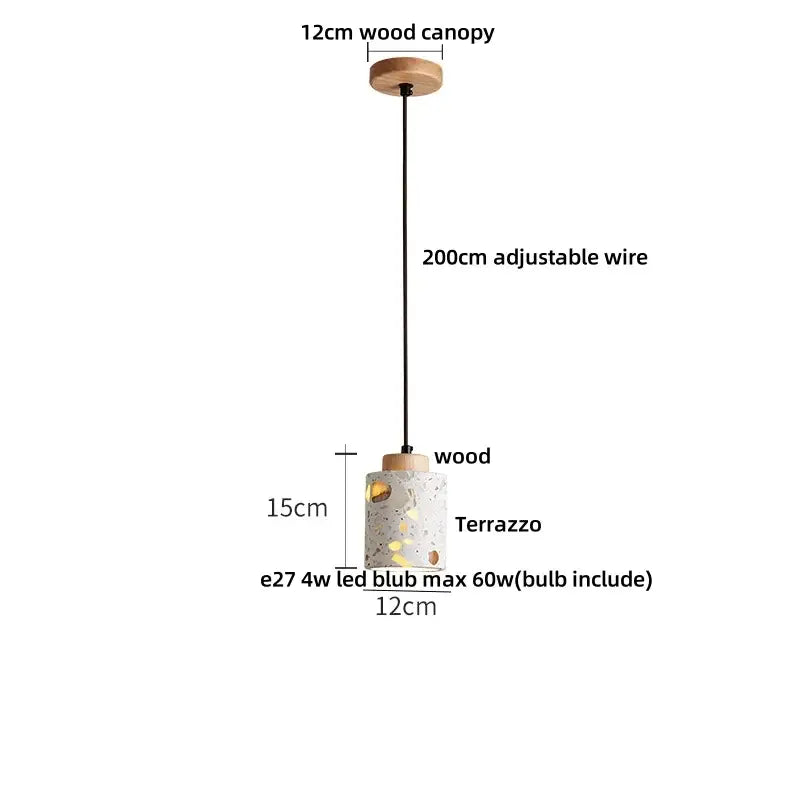 A cylindrical decorbites led terrazzo pendant lamp with white stone and natural wood canopy suspended by black wire