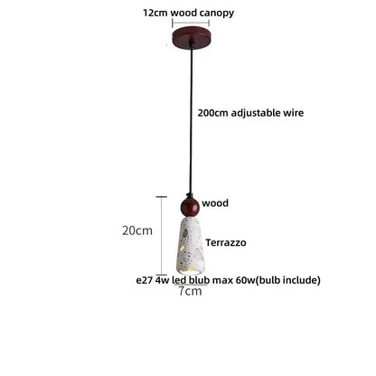 Decorbites led terrazzo pendant lamp with white stone terrazzo cone shade wood canopy and black adjustable wire