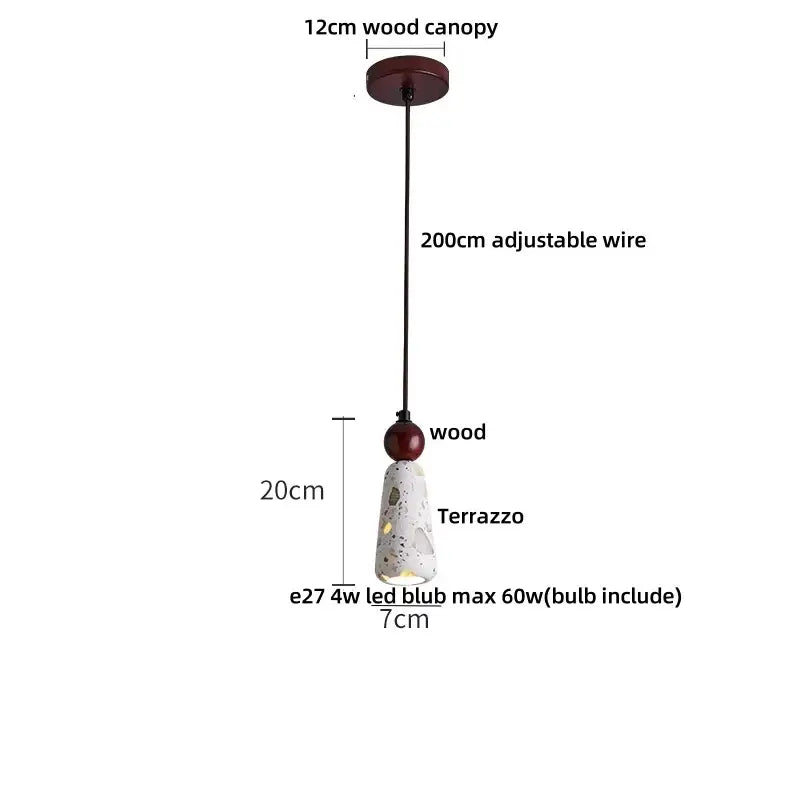 Decorbites led terrazzo pendant lamp with white stone terrazzo cone shade wood canopy and black adjustable wire