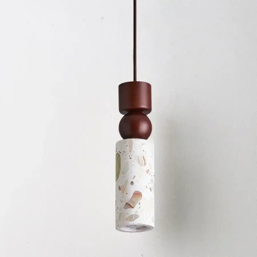 Minimalist decorbites led terrazzo pendant lamp with white beige speckled cylindrical body and dark brown wooden beads top