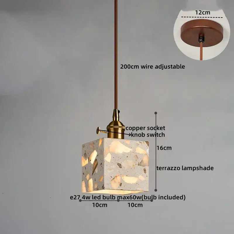 Decorbites led terrazzo pendant light with square speckled white beige terrazzo shade, adjustable copper wire for indoor use