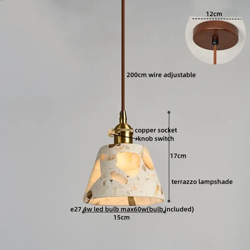DecorBites led terrazzo pendant light with textured pink and brown terrazzo shade suspended by adjustable copper wire