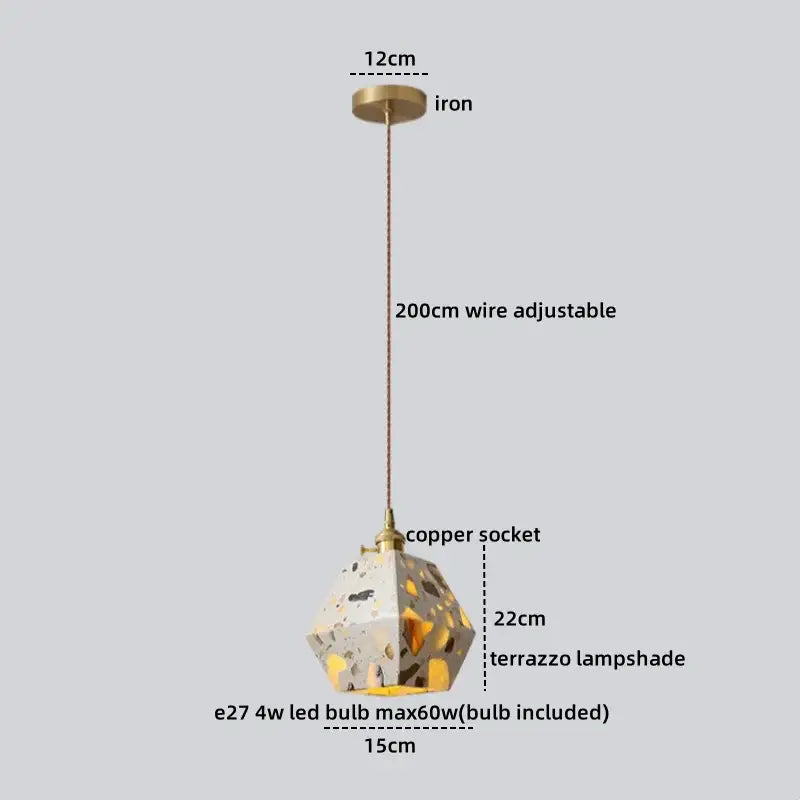 DecorBites led terrazzo pendant featuring a geometric speckled white gray yellow lampshade with copper and brass mount