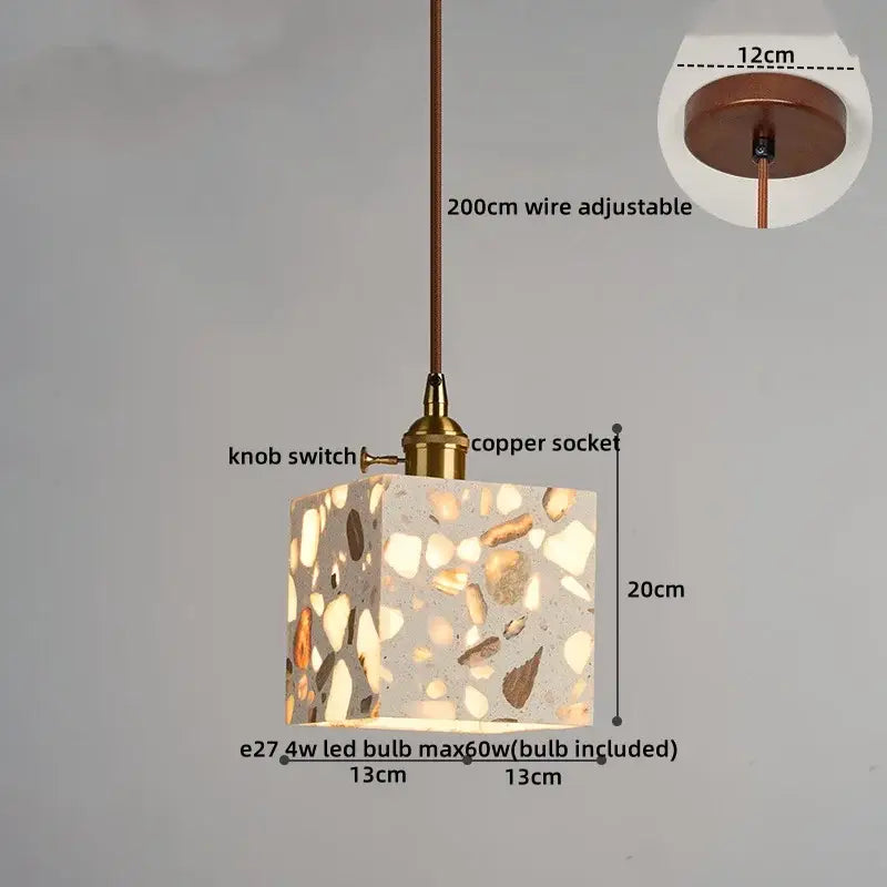 Decorbites led terrazzo pendant light with square terrazzo shade in white beige and brown for bedroom and living room