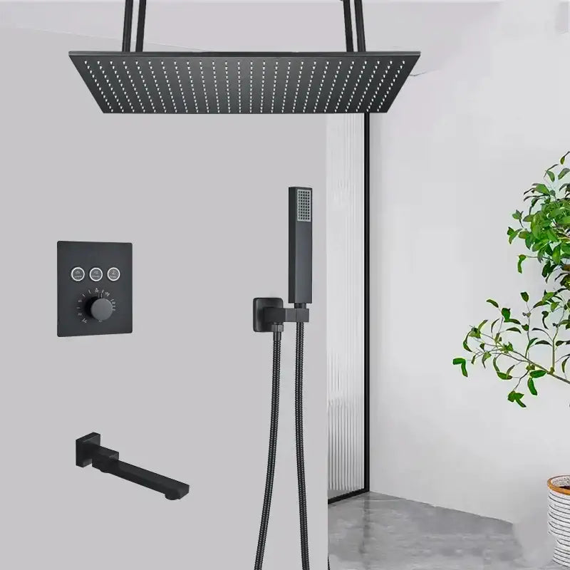 Decorbites led thermostatic rainfall shower system with black matte brass square rain shower head and tub spout mixer tap