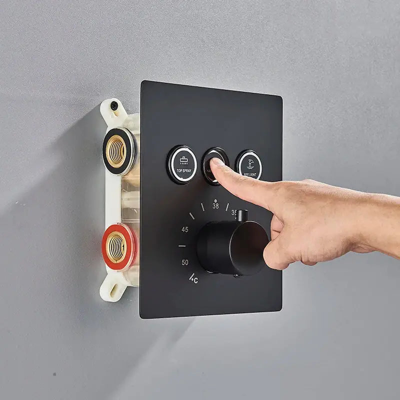 Black matte-finish wall-mounted shower control panel with three buttons and temperature dial for decorbites led thermostatic rainfall system