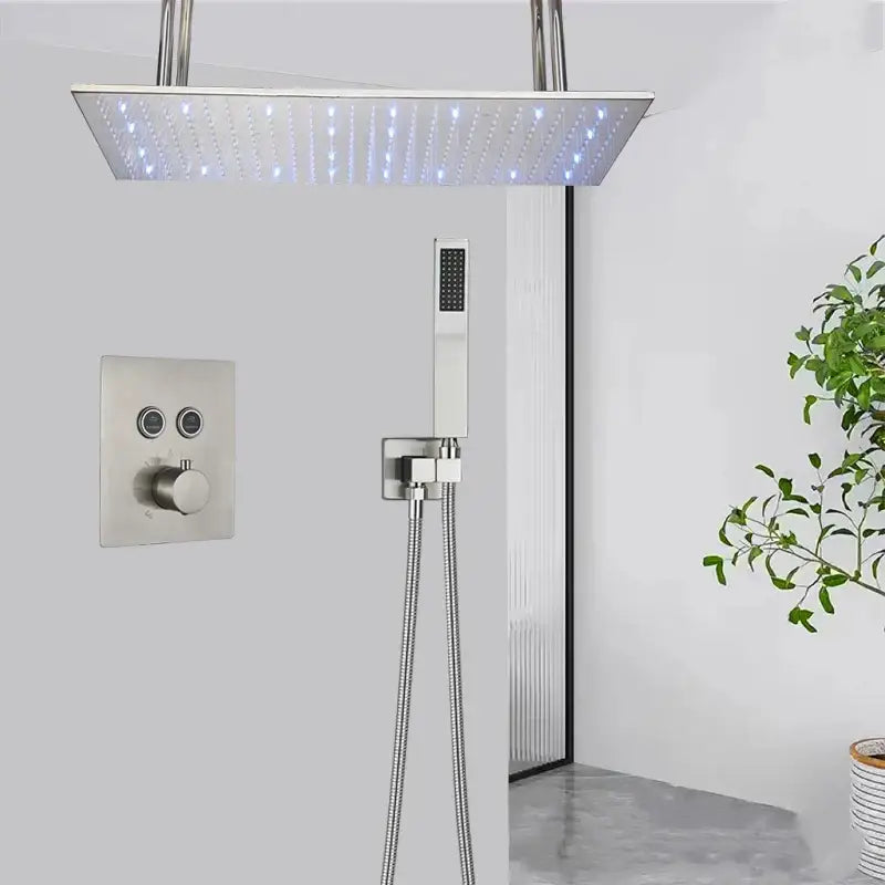 Modern brushed stainless steel decorbites led thermostatic rainfall shower system with led lighting and handheld attachment