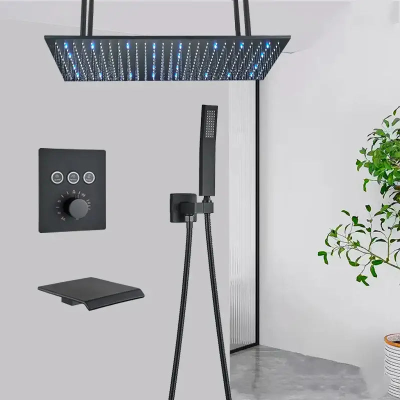Black matte-finish square rain shower head with blue led lights from DecorBites led thermostatic rainfall shower system