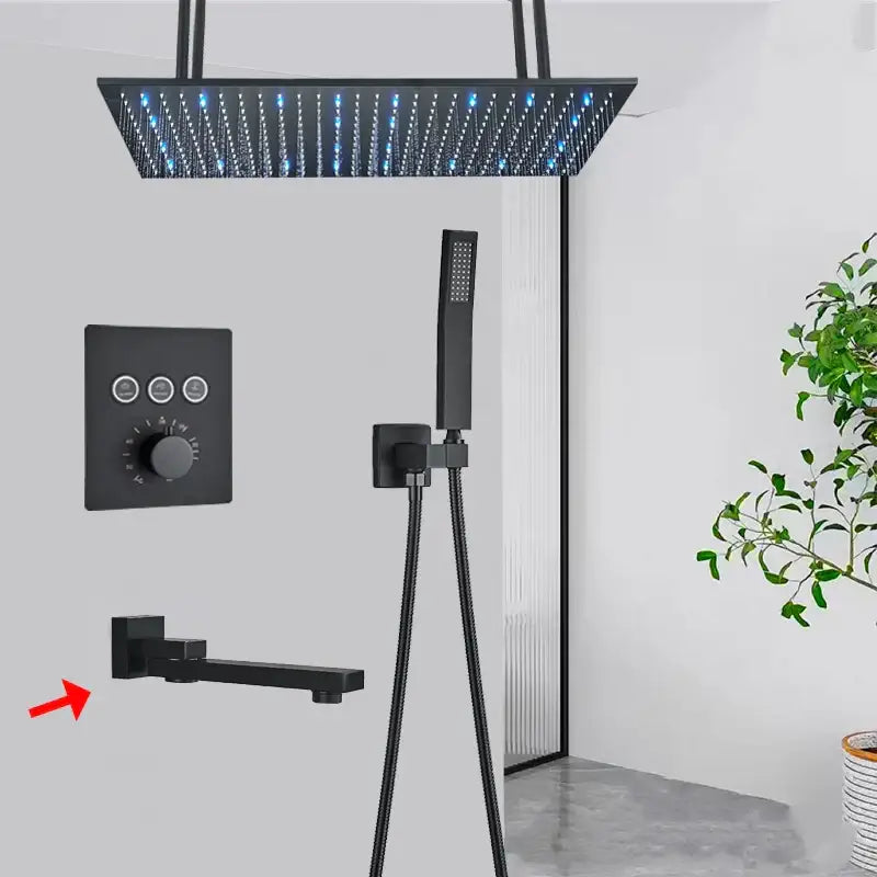 Black matte DecorBites led thermostatic rainfall shower rectangular showerhead with blue LED lights and brass mixer tap