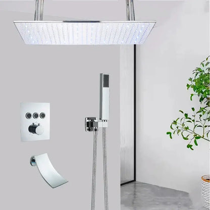 Modern chrome-finished rectangular rain shower head with integrated led lighting in DecorBites led thermostatic rainfall system