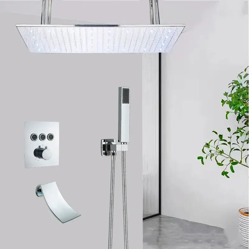 Modern chrome-finished rectangular rain shower head with integrated led lighting in DecorBites led thermostatic rainfall system