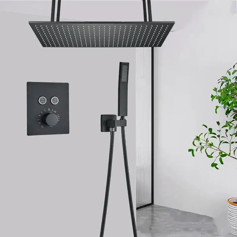 Black matte square rain shower head with led thermostatic rainfall feature in decorbites led thermostatic system