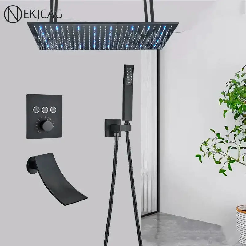 Black matte square rain shower head with blue led lights in decorbites led thermostatic rainfall shower system