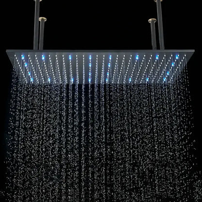Modern square metallic decorbites led thermostatic rainfall showerhead with embedded blue led lights for elegant bathroom use