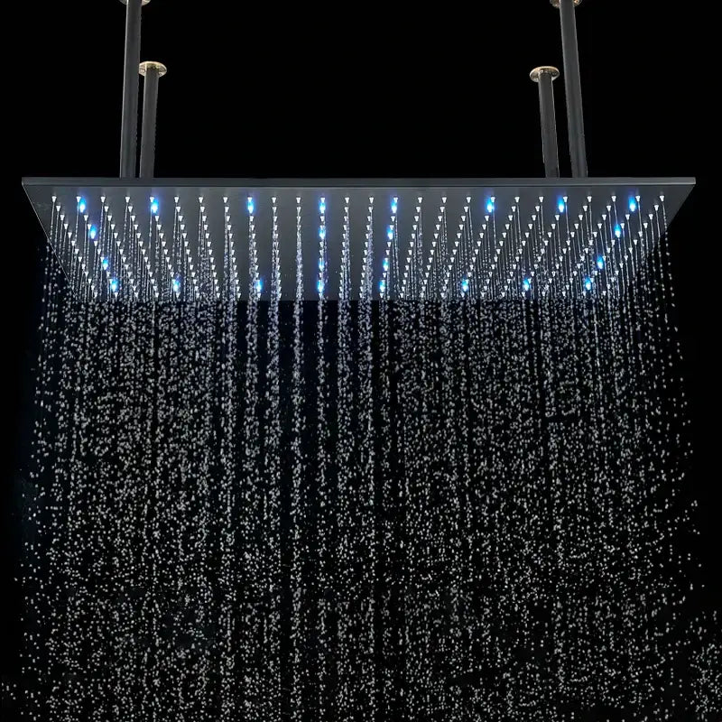 Modern square metallic decorbites led thermostatic rainfall showerhead with embedded blue led lights for elegant bathroom use