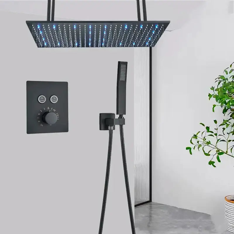 Black matte square rain shower head with blue led lighting in decorbites led thermostatic rainfall shower system