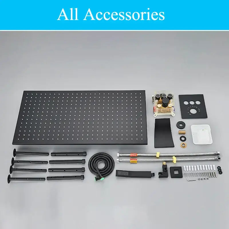 Black metal pegboard wall display rack with assorted mounting hardware for decorbites led thermostatic rainfall shower system