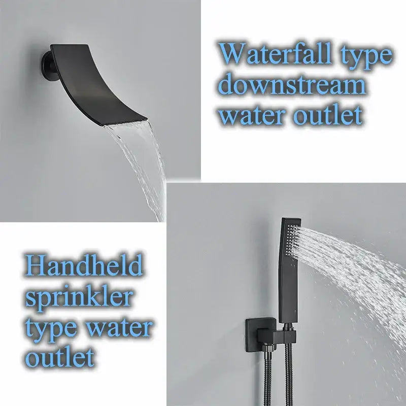 Black matte decorbites led thermostatic rainfall shower system with brass tub spout mixer and handheld showerheads