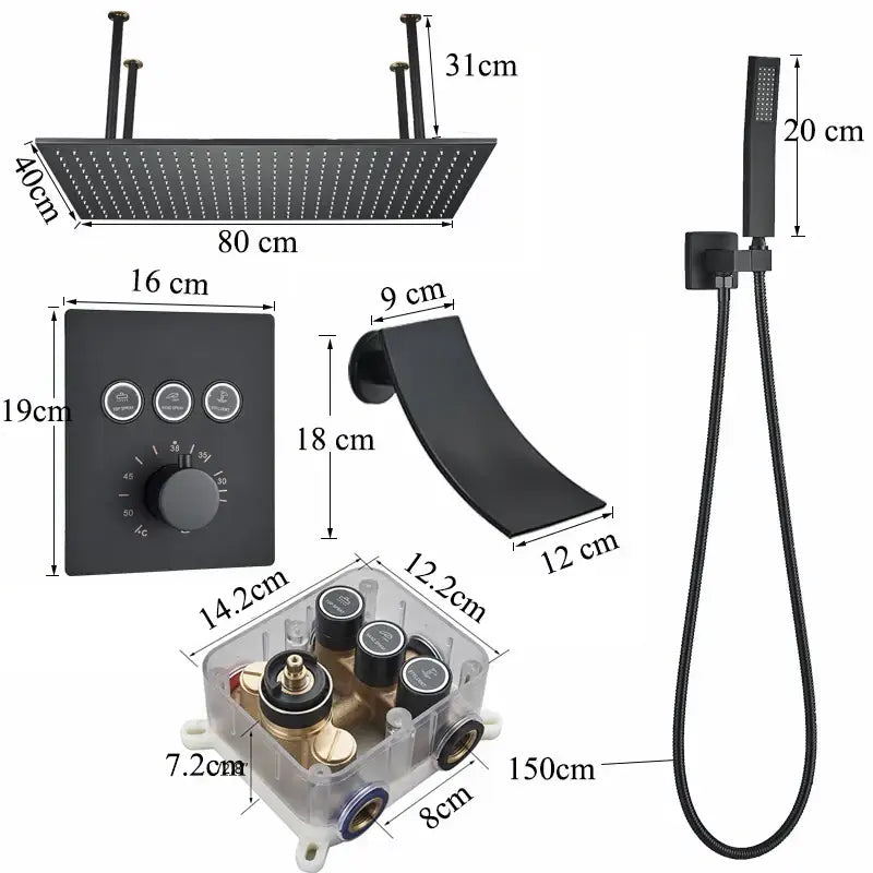Black matte decorbites led thermostatic rainfall shower system with brass head handheld spray and wall-mounted controls