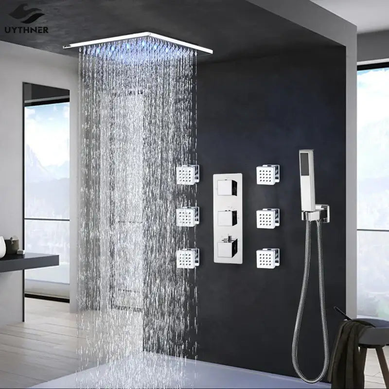 Modern chrome shower faucet DecorBites led thermostatic with square rain shower head and multiple handheld nozzles