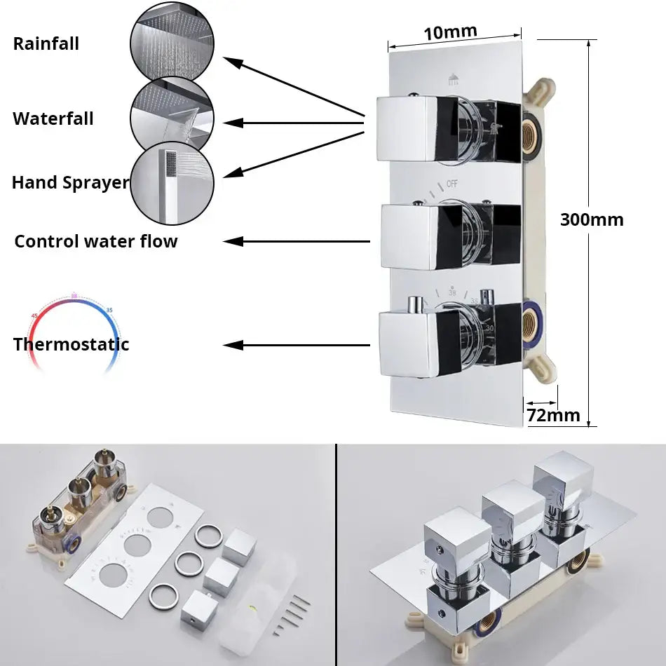 Chrome-finished decorbites led thermostatic shower faucet with three square knobs for rainfall waterfall and hand sprayer functions