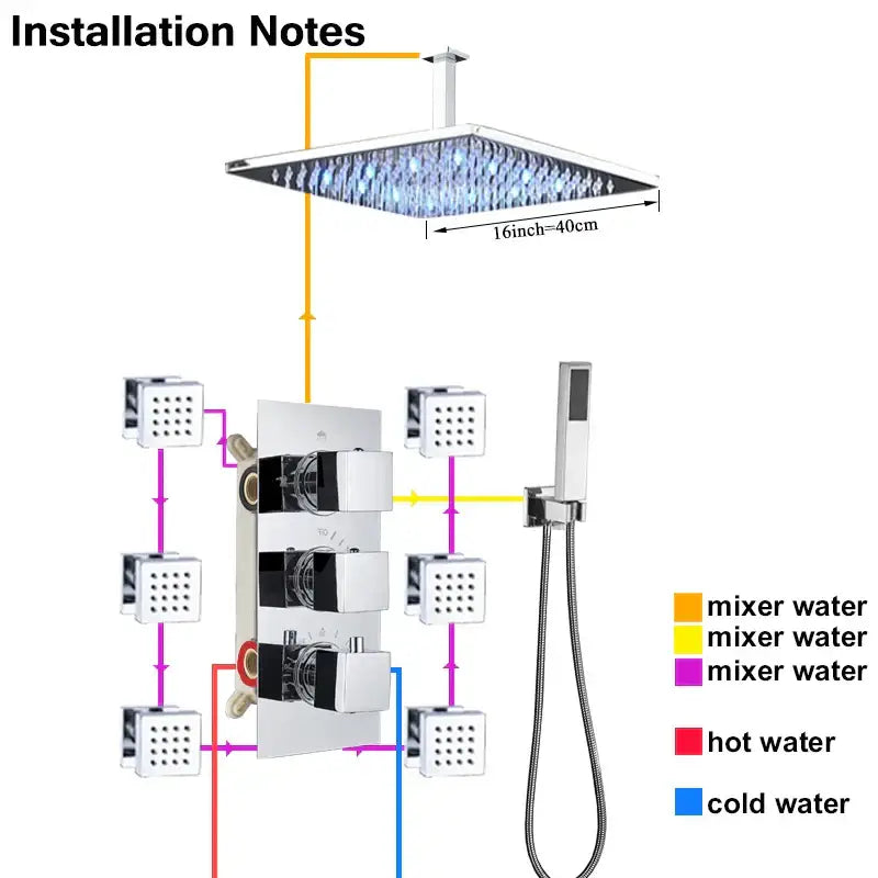 Chrome rain shower head 16 inch with blue led lights for DecorBites led thermostatic shower faucet bath mixer tap