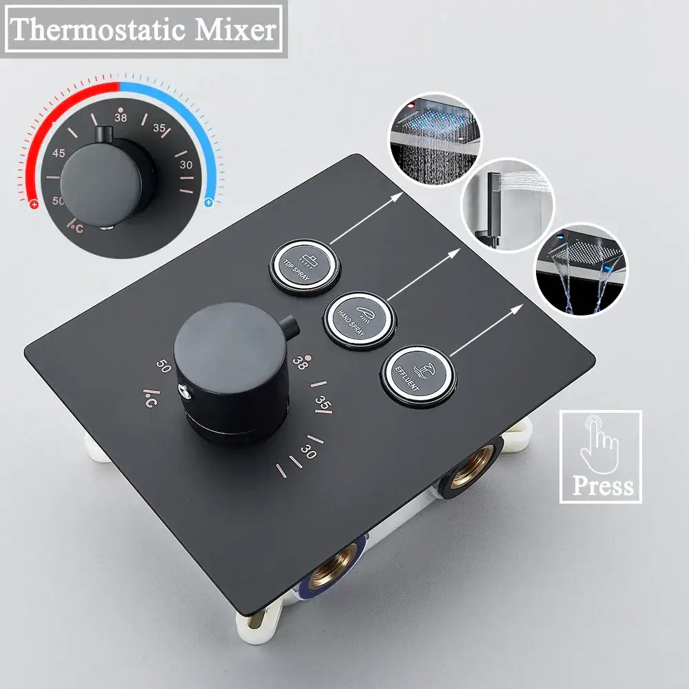 Black matte thermostatic shower faucet set with central temperature dial and three spray mode buttons for DecorBites™ system