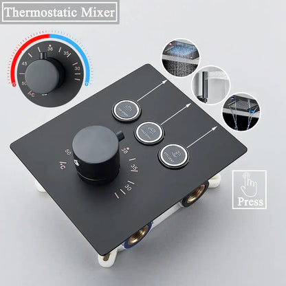 Black matte thermostatic shower faucet set with central temperature dial and three spray mode buttons for DecorBites™ system