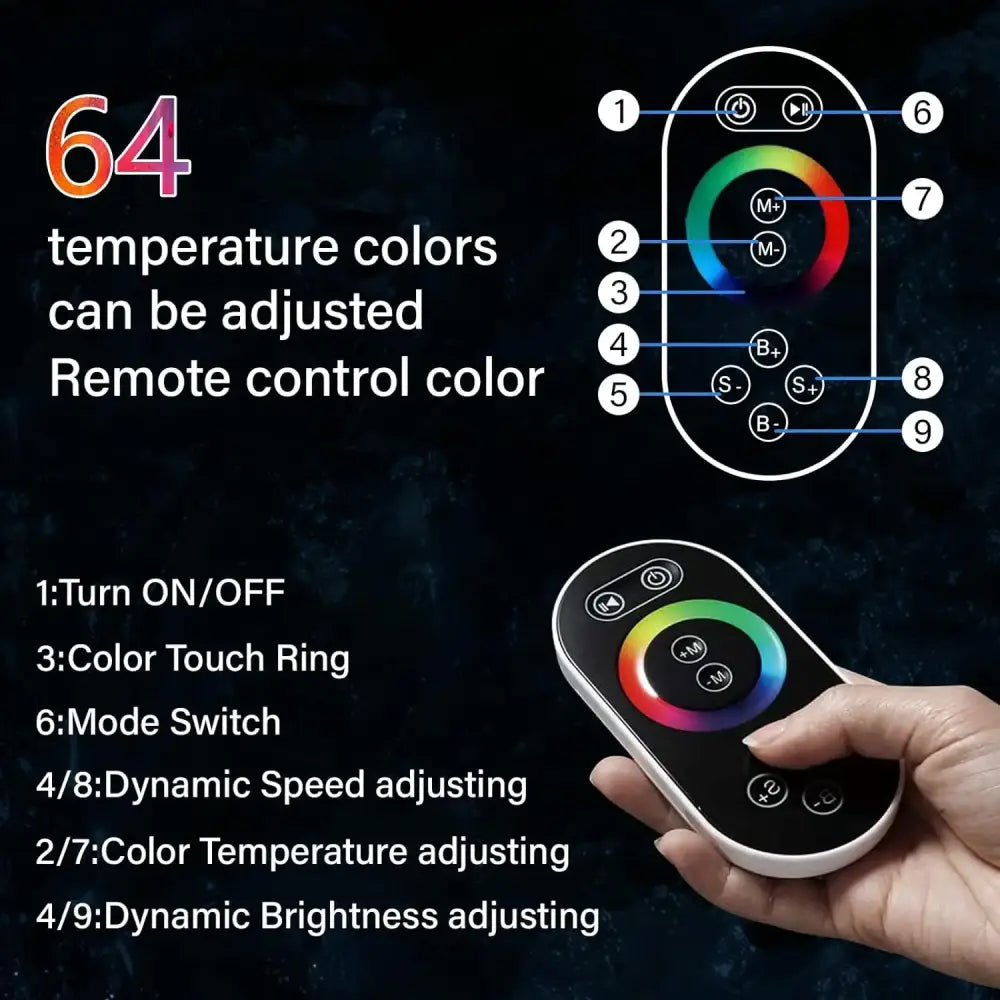 Black and white remote control with color touch ring for adjusting 64 temperature colors in decorbites shower faucet set