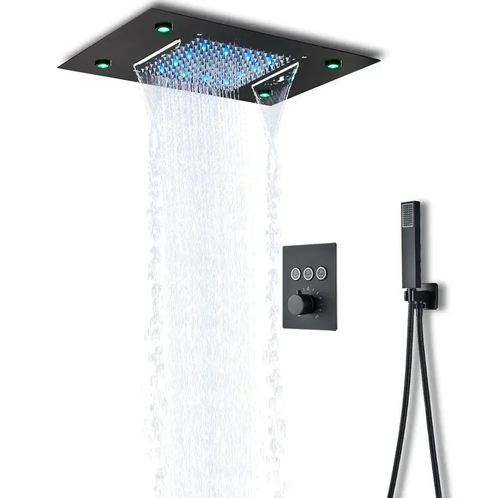 Black square rain shower head with blue led lights and handheld showerhead in DecorBites™ led thermostatic shower faucet set