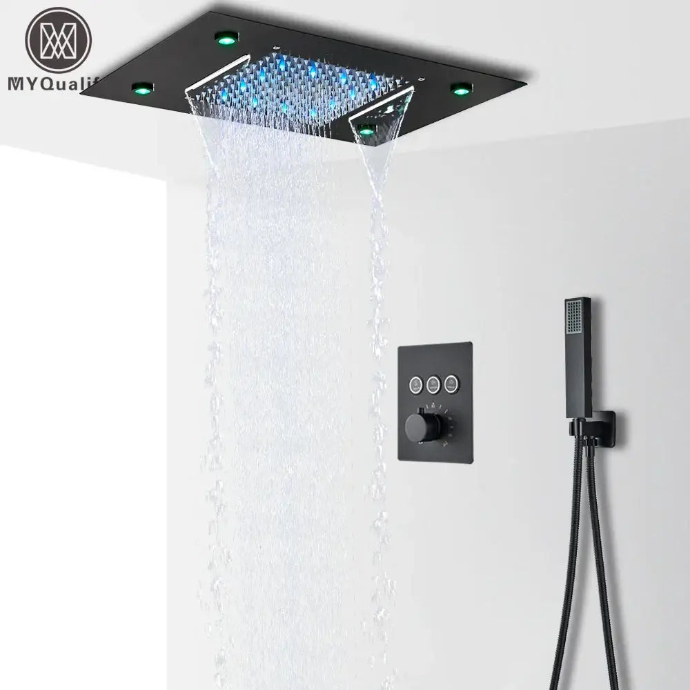 Black square rain shower faucet set with blue led lights and dual waterfall streams decorbites™ system with remote control