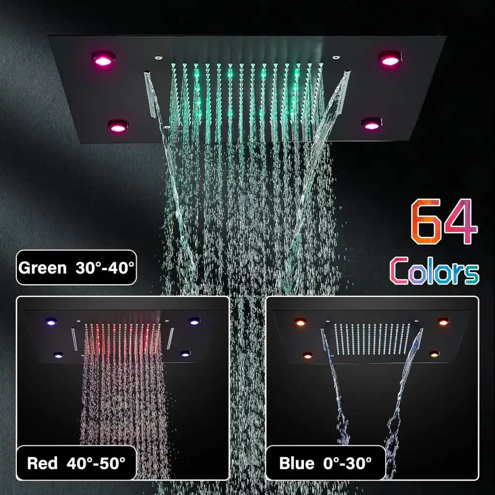 Modern square rain shower head with led lighting and multiple spray settings in decorbites led thermostatic shower system