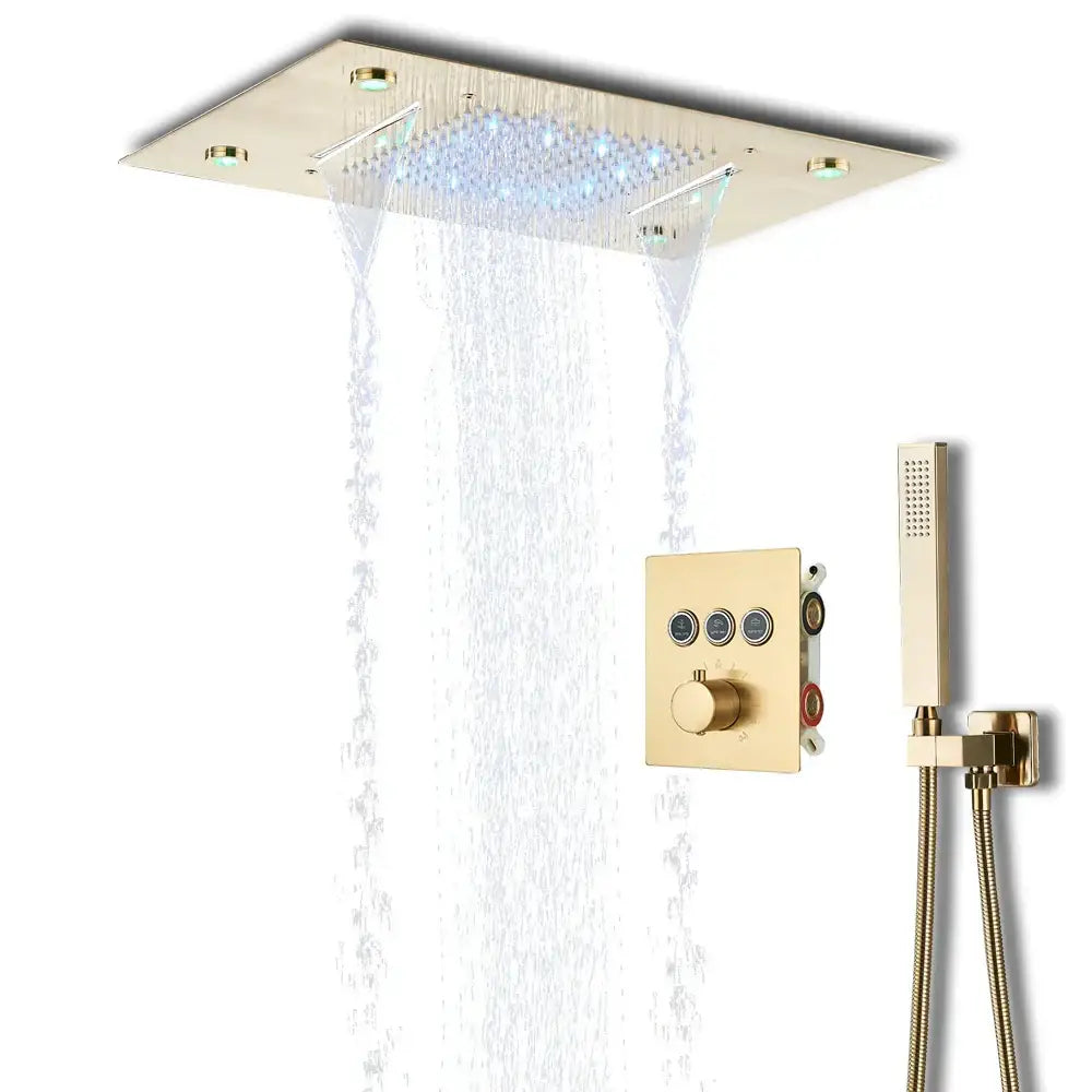 Gold-toned rectangular rain shower head with led lighting and multiple flow settings in decorbites led thermostatic system