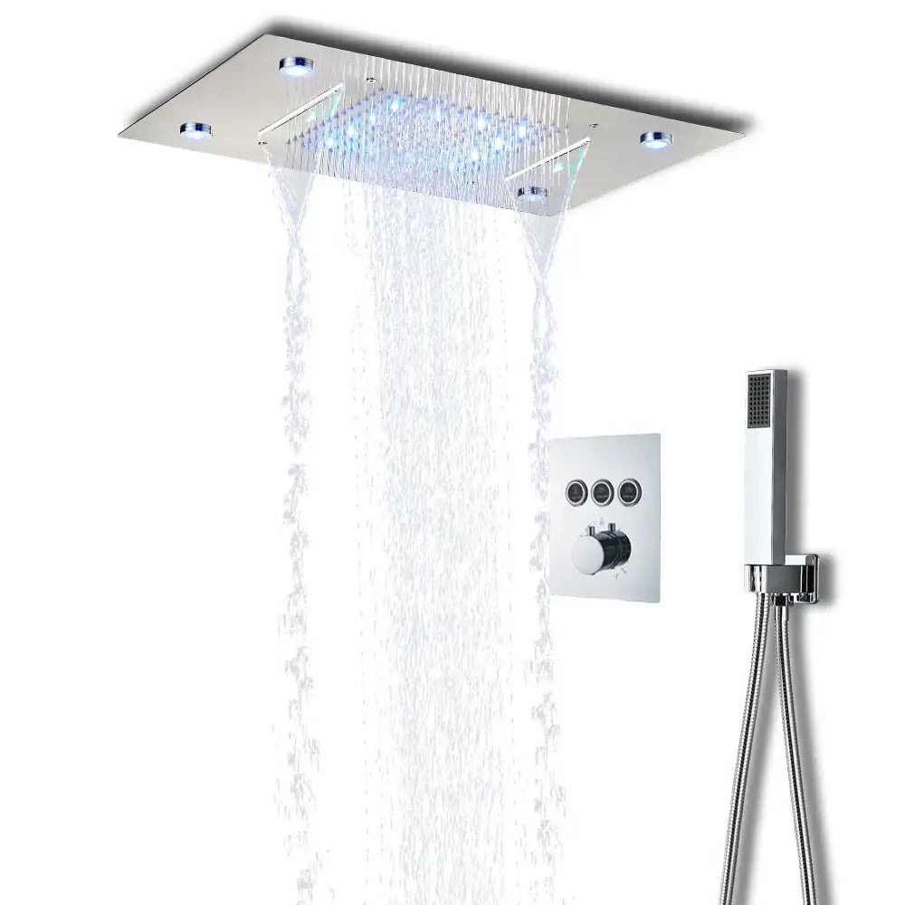 Modern chrome-finished rectangular rain shower head with led lighting and multiple flows in decorbites led thermostatic system