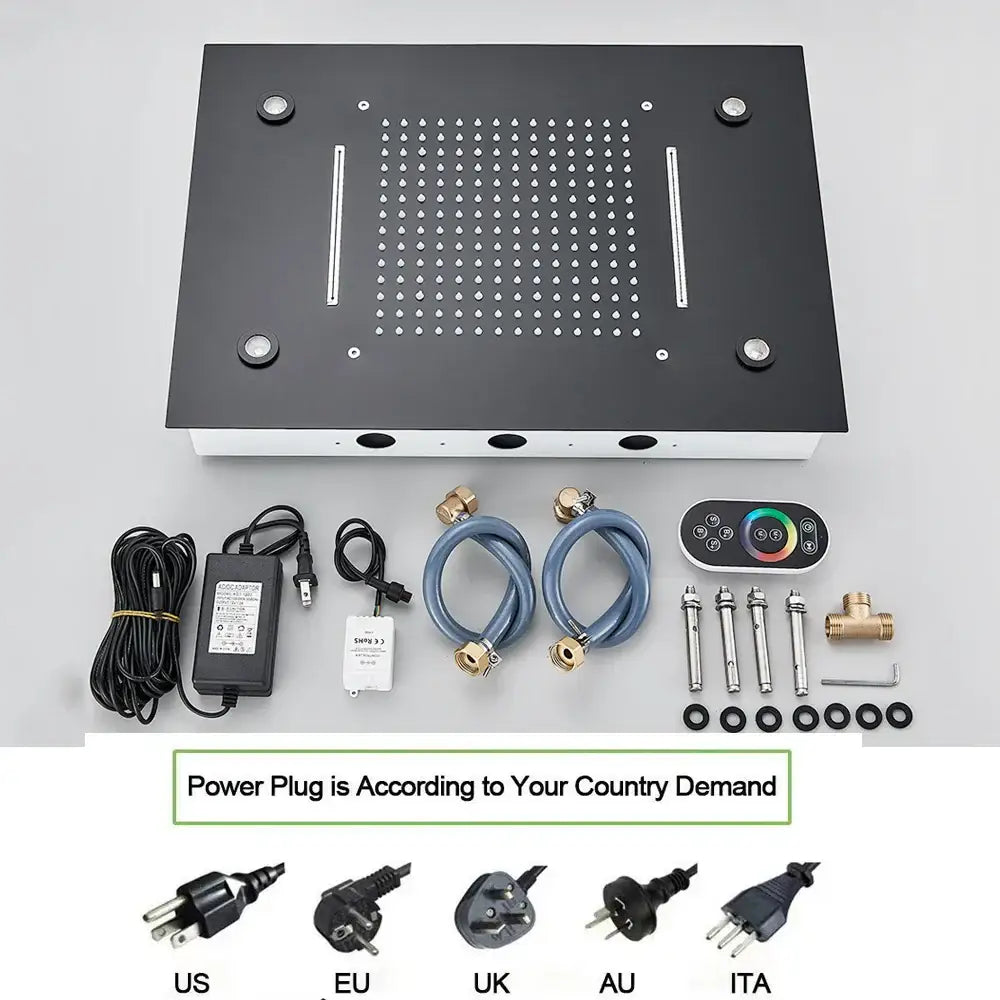 Black DecorBites LED thermostatic shower panel with water jets rain shower slots installation hardware and RGB remote