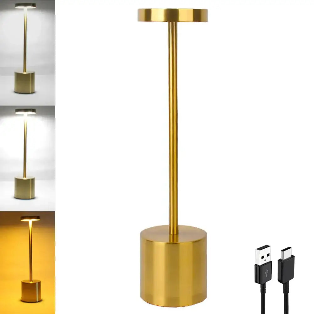 Gold-colored cylindical table lamp with sleek metallic finish and usb-c cable decorbites led touch dimming feature