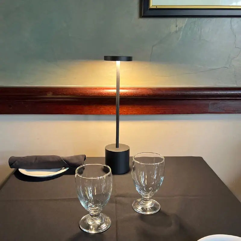 Black cylindrical table lamp with slim stem and touch dimming feature by DecorBites led touch for living room reading