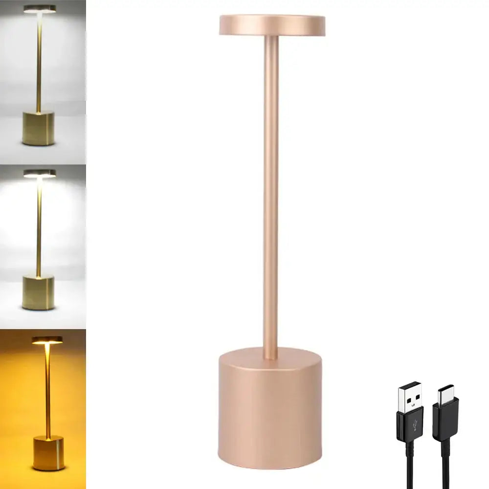 Rose gold cylindrical DecorBites LED touch dimming table lamp with sleek minimalist design and adjustable lighting modes