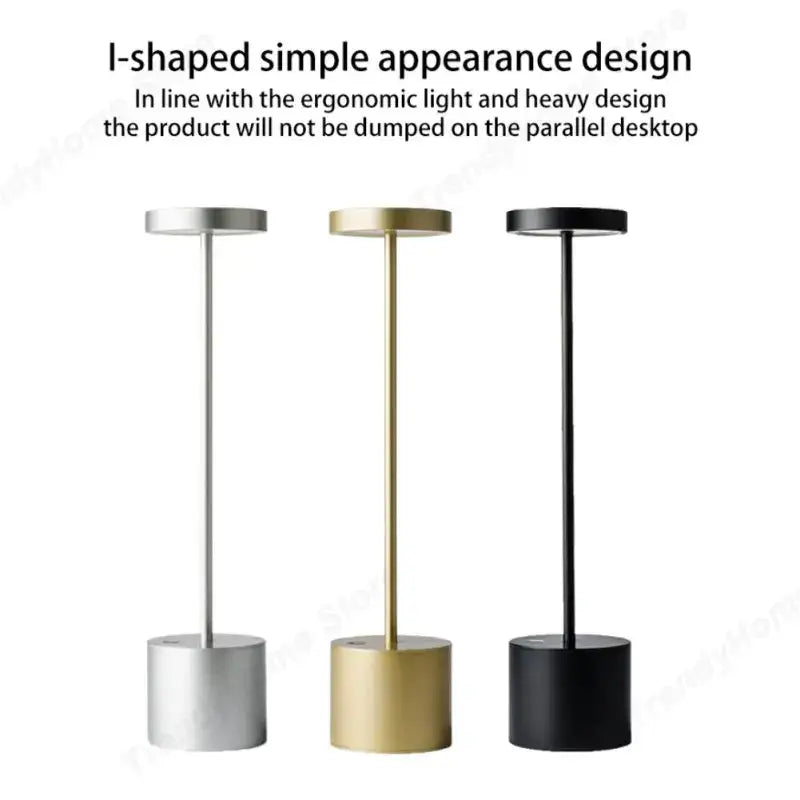 Three minimalist i-shaped decorbites led touch table lamps with touch dimming in silver gold and black finishes