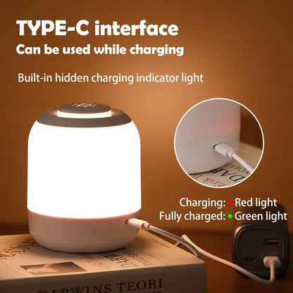 White cylindrical DecorBites™ led touch night light with matte finish, type-c interface, and charging indicator light