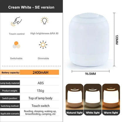 Cream white decorbites™ led touch night light with smooth abs plastic body and 3-color dimming modes