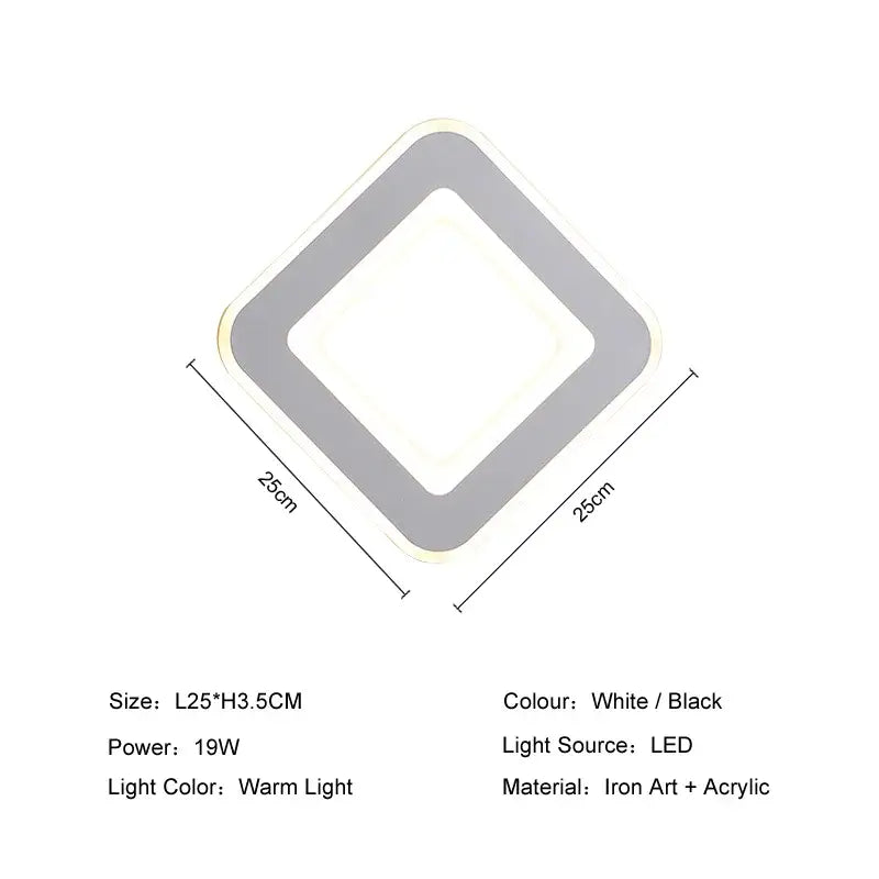 Square-shaped DecorBites LED touch switch wall light with concentric diamond iron art frames in white and black acrylic