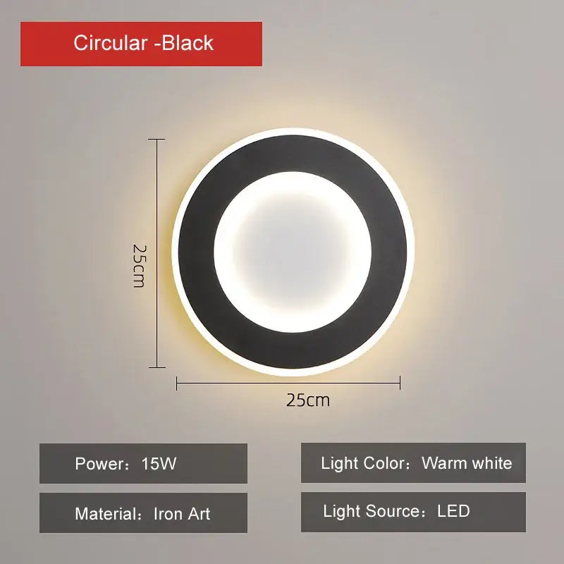 DecorBites led touch switch wall light circular black iron art finish 25cm diameter warm white bedroom lamp