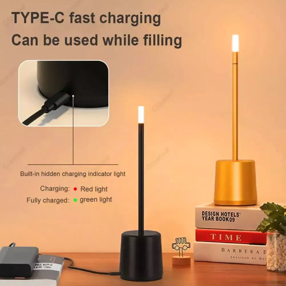 Black cylindrical decorbites led touch table lamp with slender stem glowing top and type-c fast charging capability