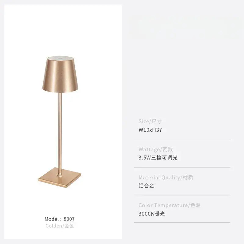 A sleek golden aluminum decorbites led touch table lamp with tapered shade and USB charging for home or office use